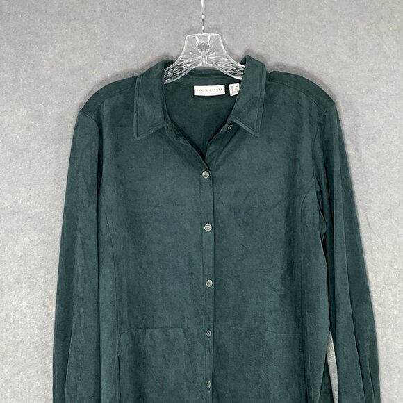 Susan Graver Top Women Medium‎ Petite Forest Green Button Up Long Sleeve Shacket - Picture 4 of 13